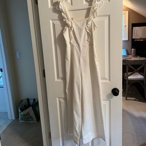 BDG Urban Outfitters White Denim Ruffled Jumpsuit